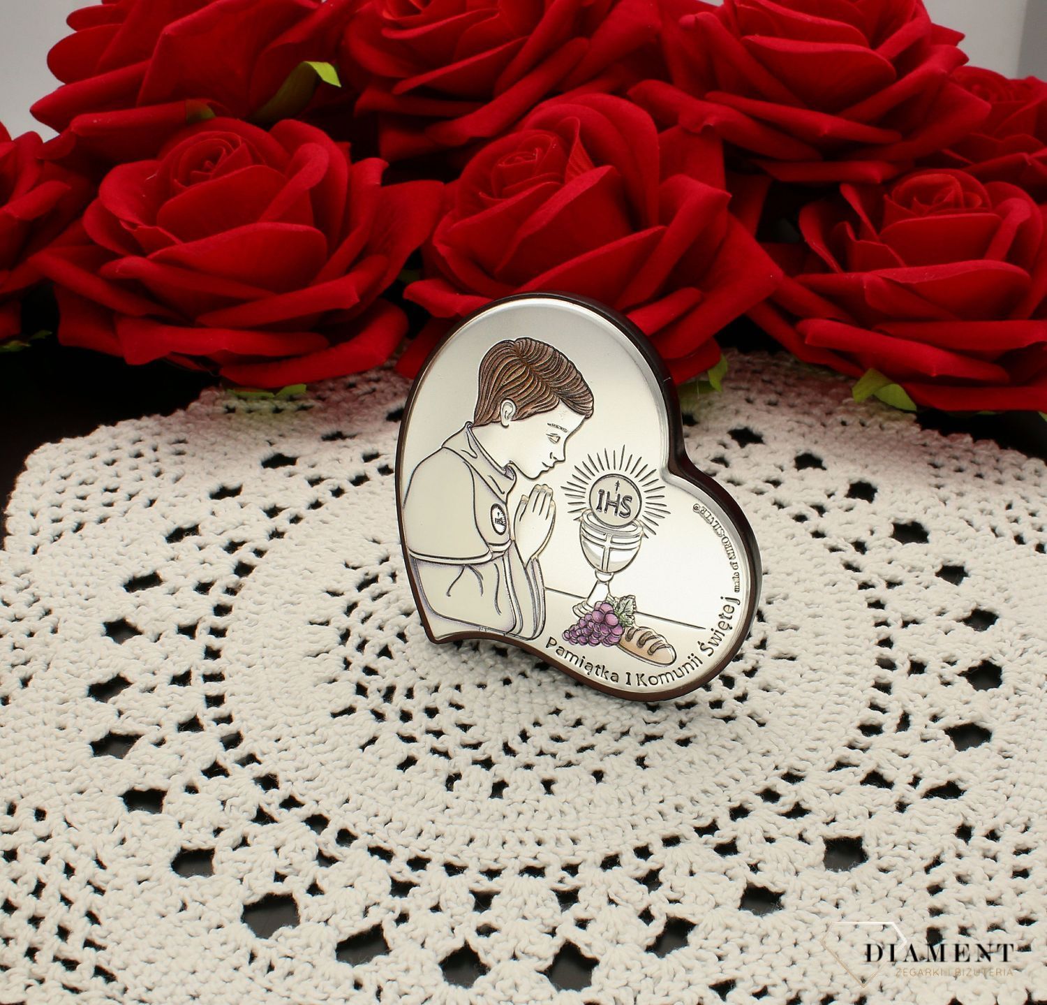 Obrazek srebrny Pierwsza Komunia Święta serduszko dla chłopca z grawerem 6747.1 COL. Pamiątka I Komunii Świętej. Obrazek z grawerem na komunie kolorowy. Prezent na komunie dla chłopca.jpg